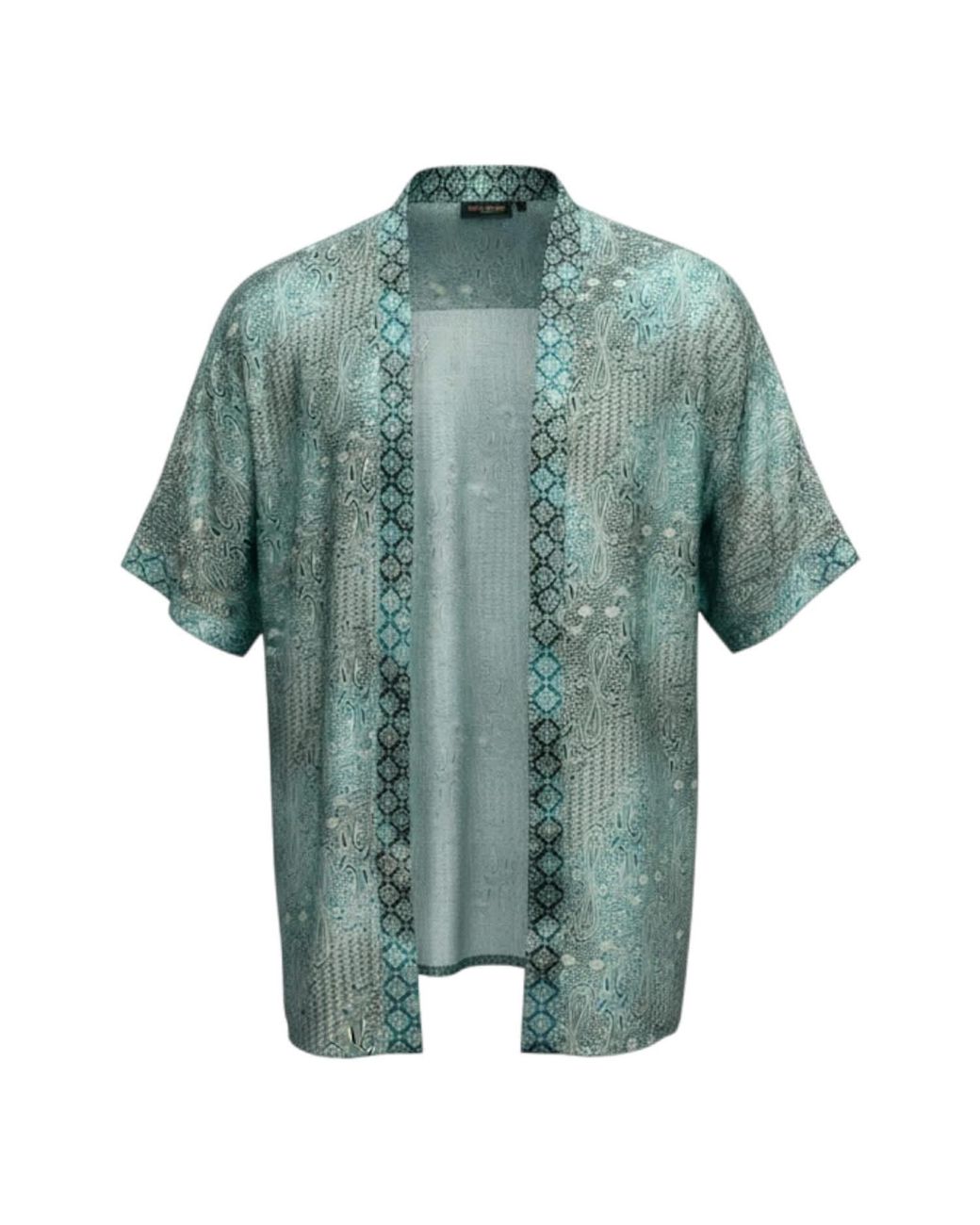 ORIGIN OF HEARTS Green Blu Satin Kimono Cardigan For Elevated Layering for men