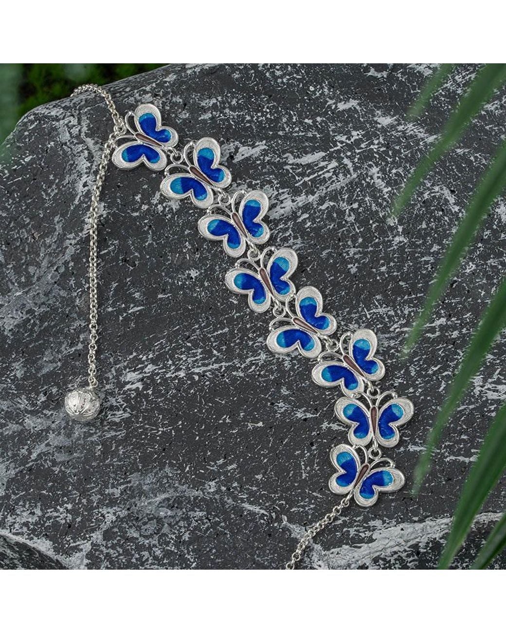 Far East Jewelry Blue Handmade Orchid Butterfly Necklace & Enamel