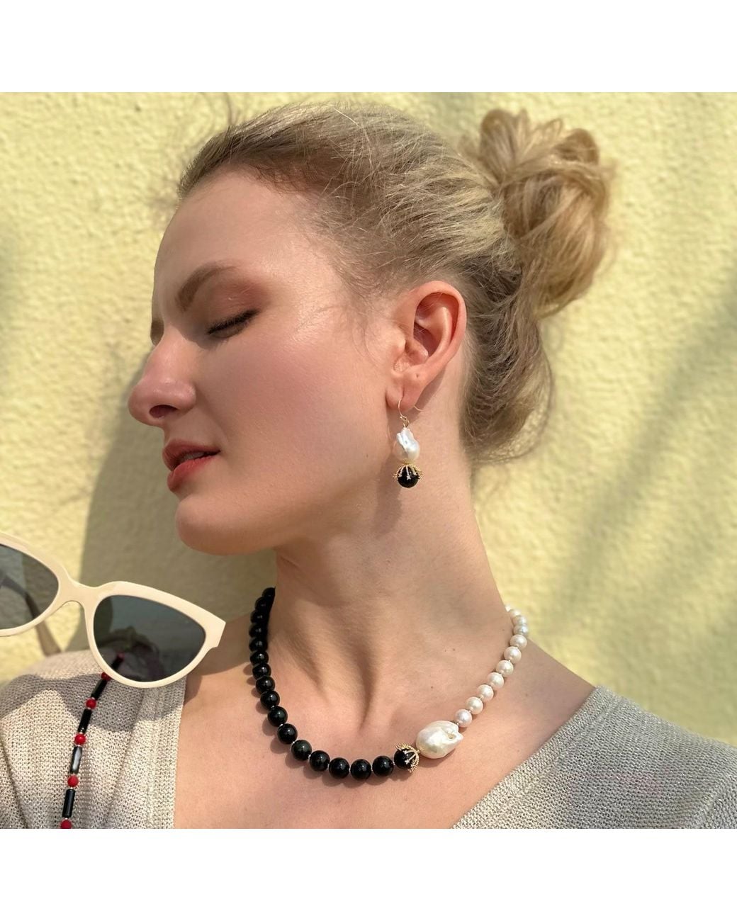 Farra Black Freshwater Pearls With Gemstone Timeless Necklace