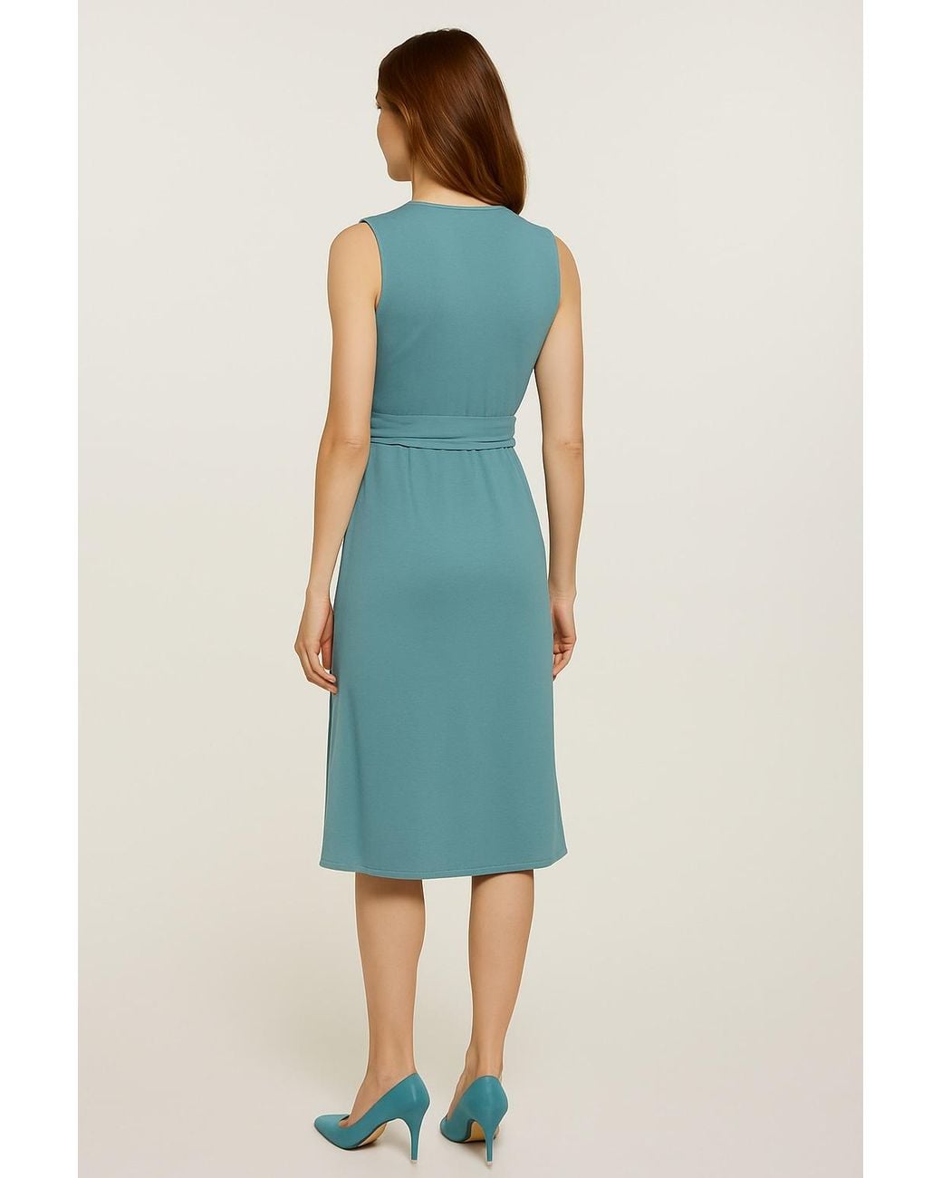 Conquista Blue Dusty Sleeveless V-Neck Wrap Dress – Soft Viscose Jersey