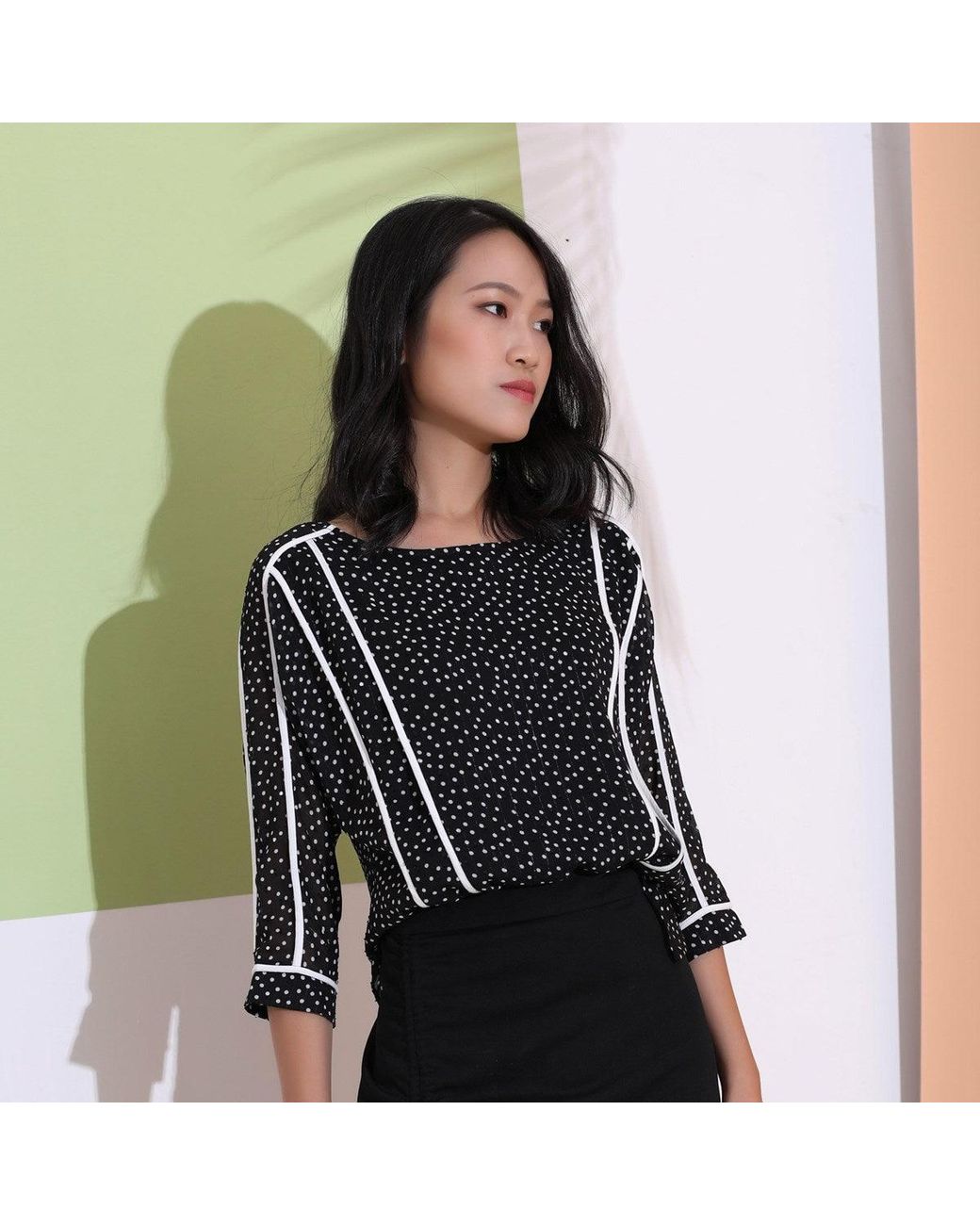 Smart and Joy Black Chambray Blouse With Polka Dots