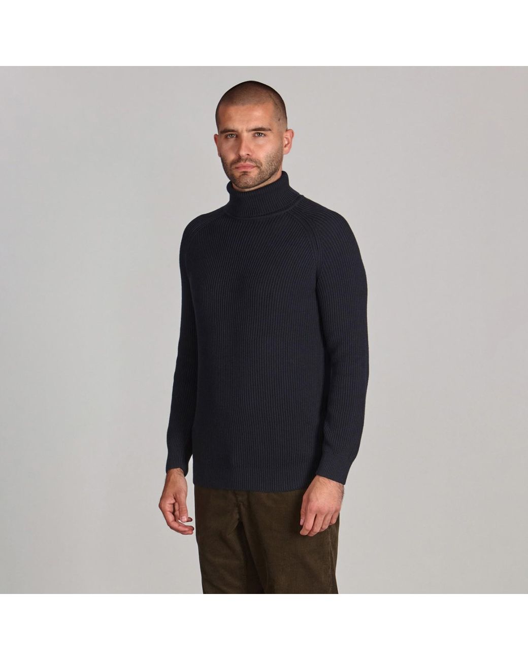 Paul James Knitwear Blue Midweight Cotton Bernard Ribbed Roll Neck Jumper for men