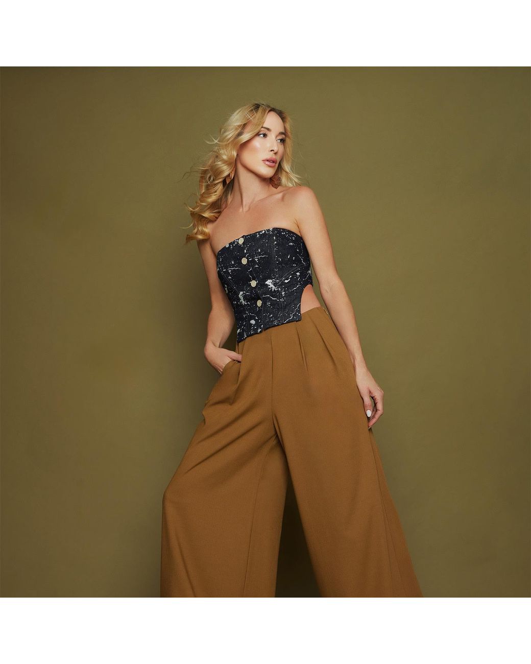 Solgo Atelier Blue Laura Embellished Denim Strapless Bustier With Stylized Cuts And Center Back Smocking Detail