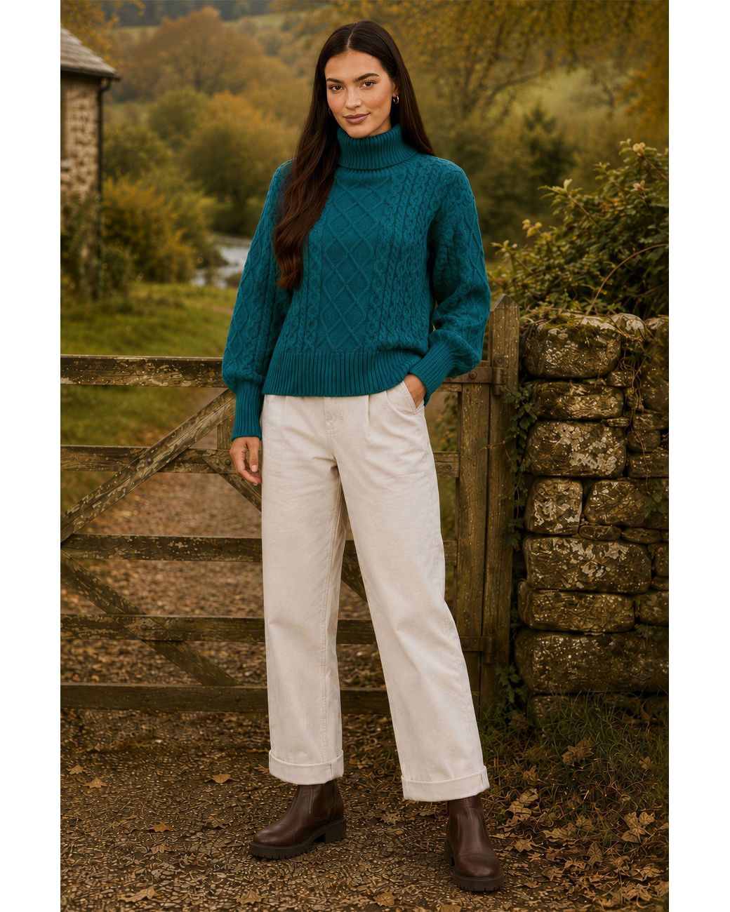Yumi' Green Cable Knit Roll Neck Jumper