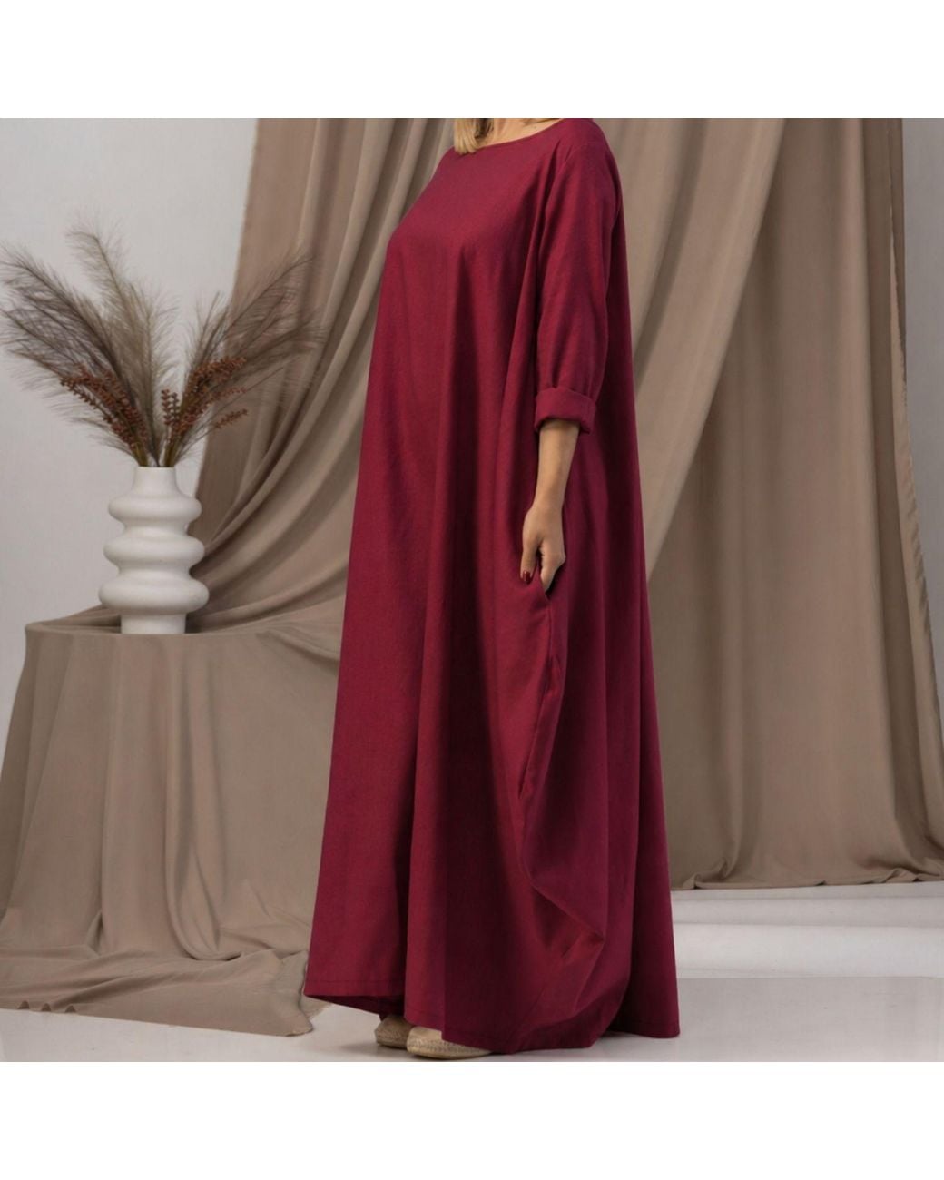 Nikka Place Red Oversized Maxi Linen Dress With Belt