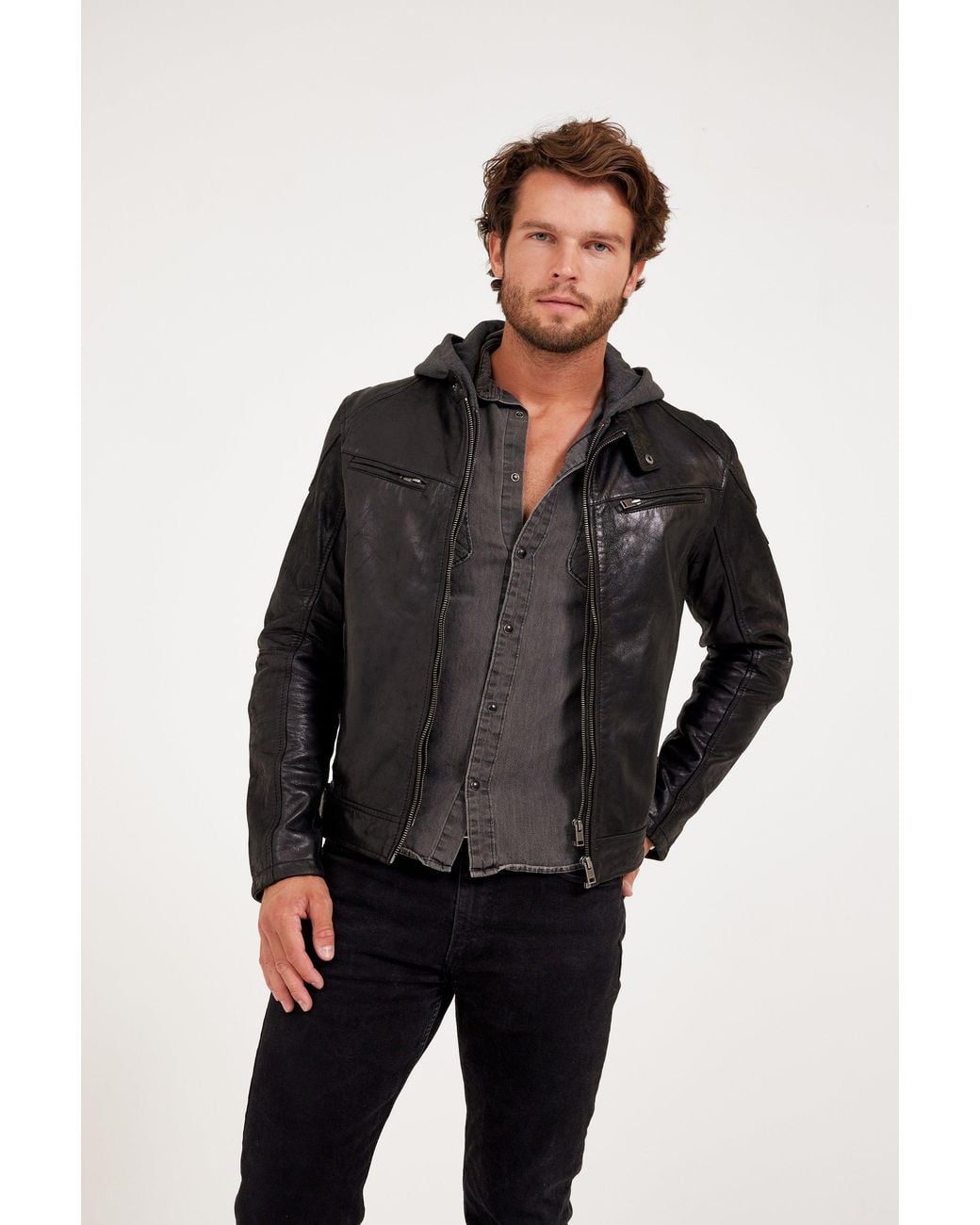 Mauritius Black Removable Hood Leather Jacket Biko for men