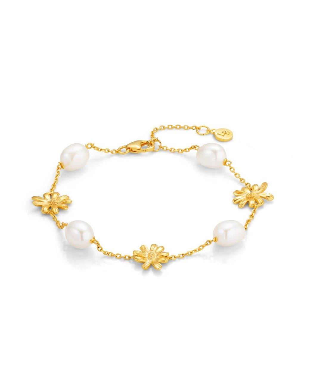 Lulu B London Metallic Daisy Flower & Pearl Chain Bracelet