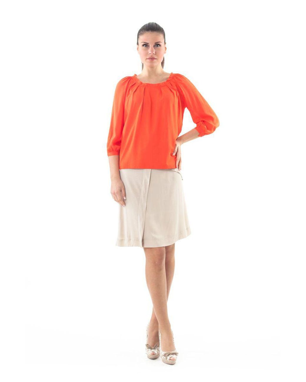 Conquista Orange Ruffle Neck Top