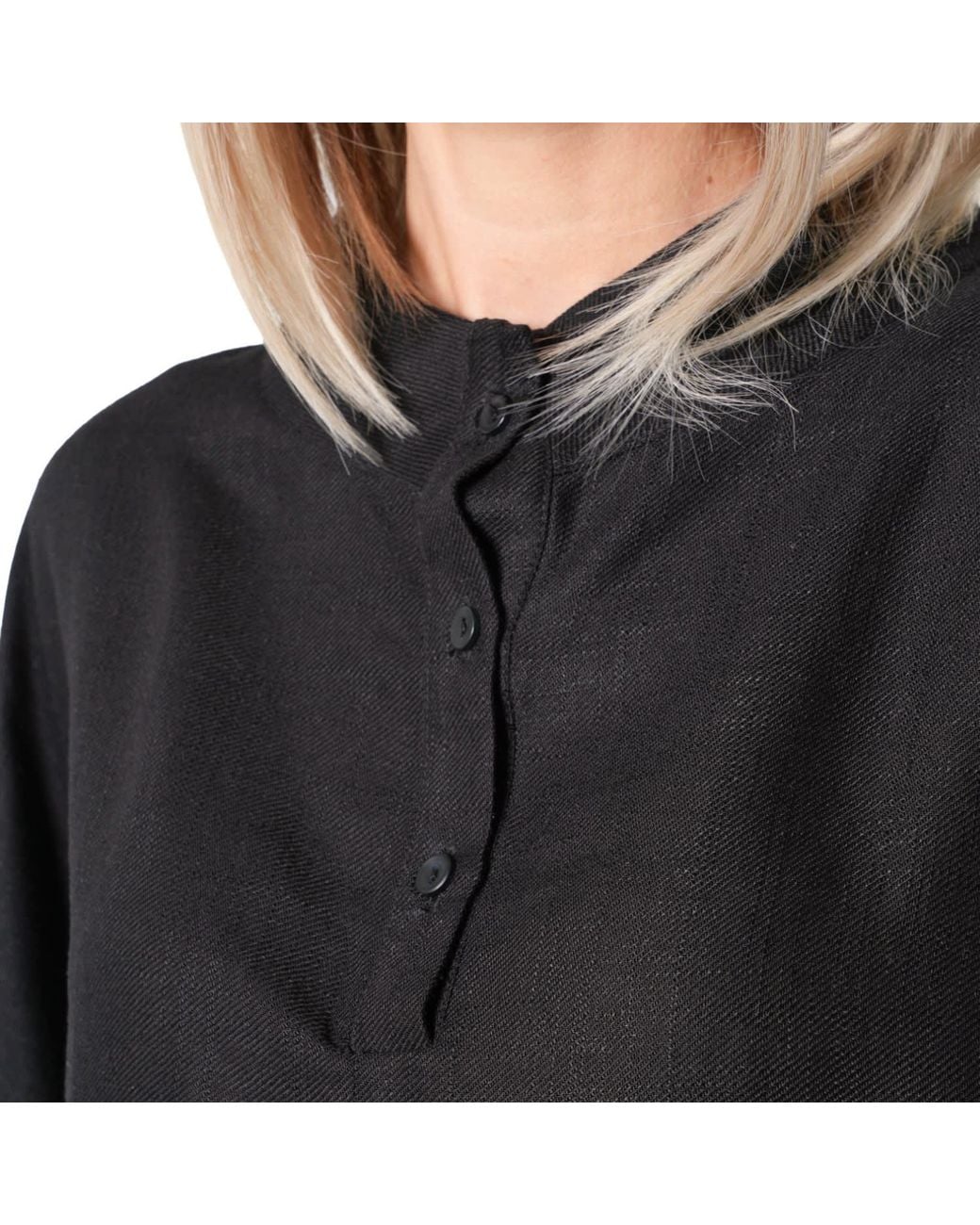 Metamorph Black Oversized Blouse With Stand Collar And Gathered Hem