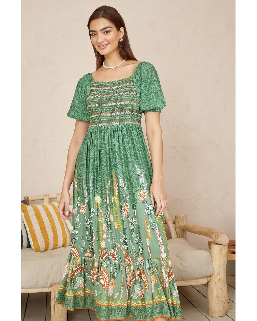 Yumi' Green Ruched Leaf Print Maxi Dress With Puff Sleeves