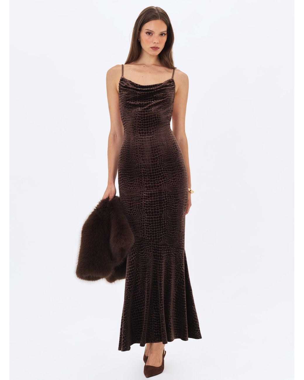 Miss Circle New York White Veronique Croc-Embossed Velvet Cowl Neck Mermaid Maxi Dress