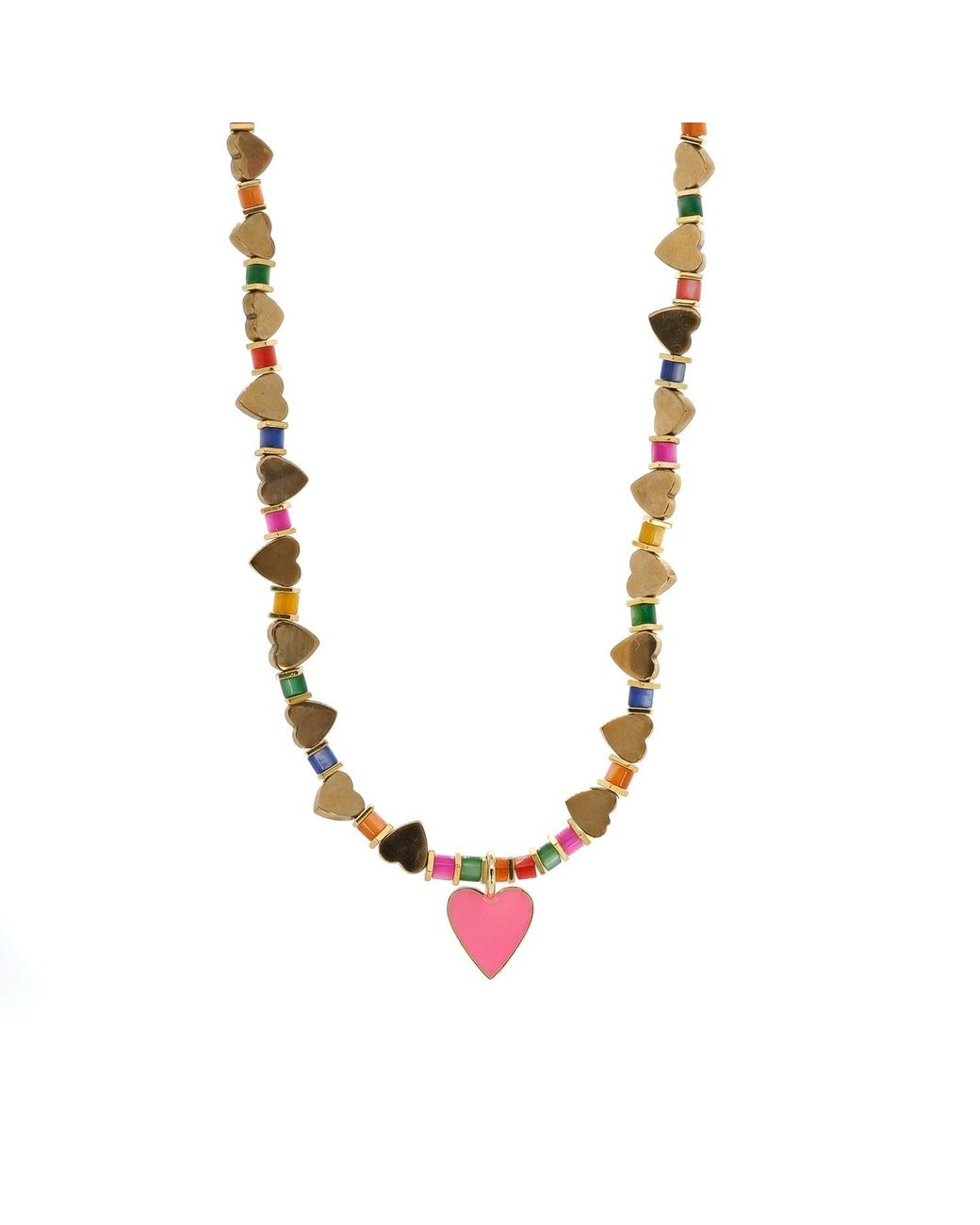 Ebru Jewelry Metallic Heart Pendant Heart Beaded Colorful Necklace