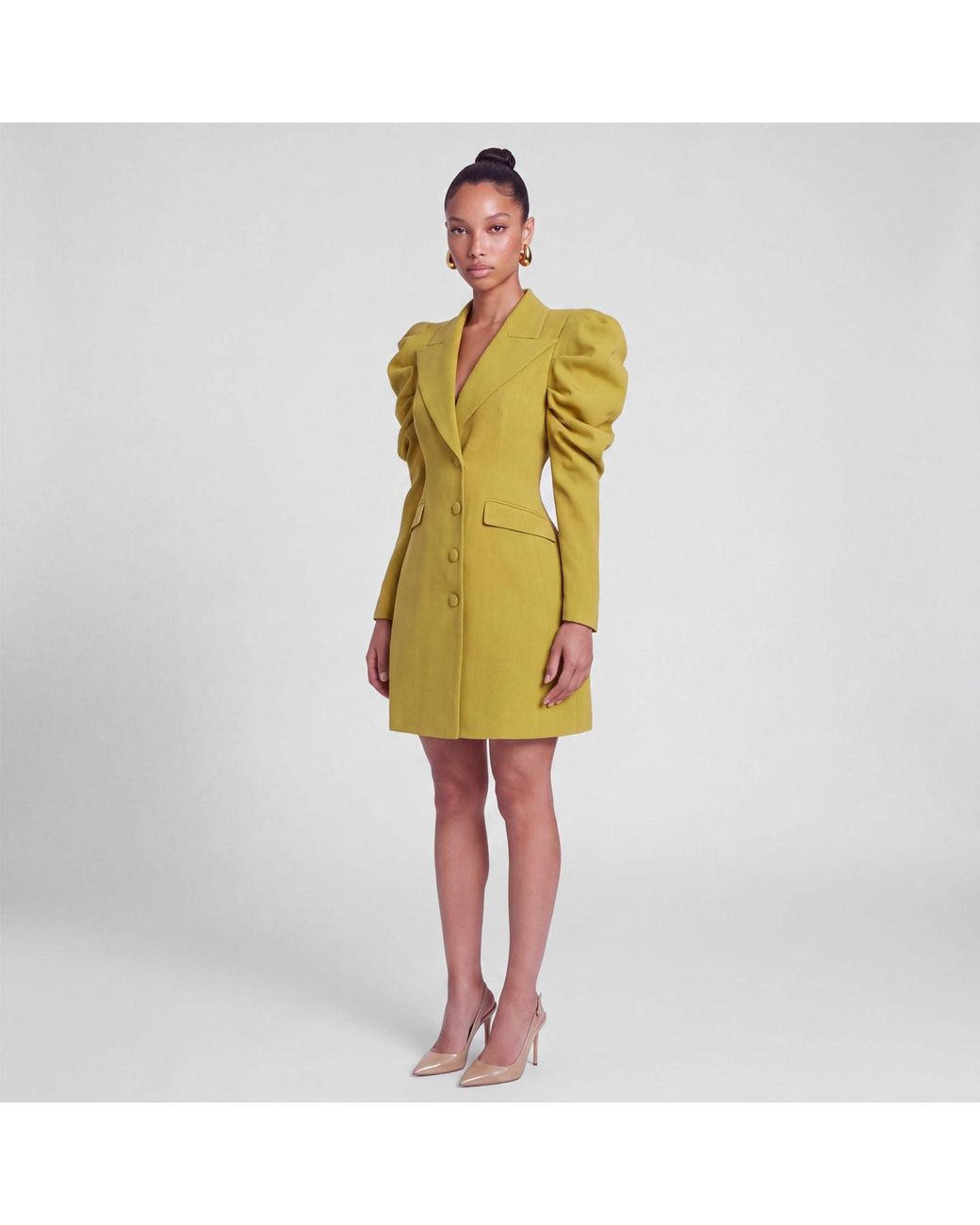 Femponiq Yellow Draped Sleeved Tailored Blazer Dress