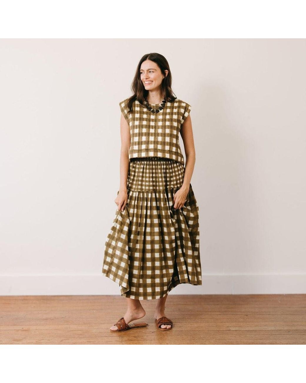 SUNSHINE TIENDA Green Painted Gingham Quilted Greta Top