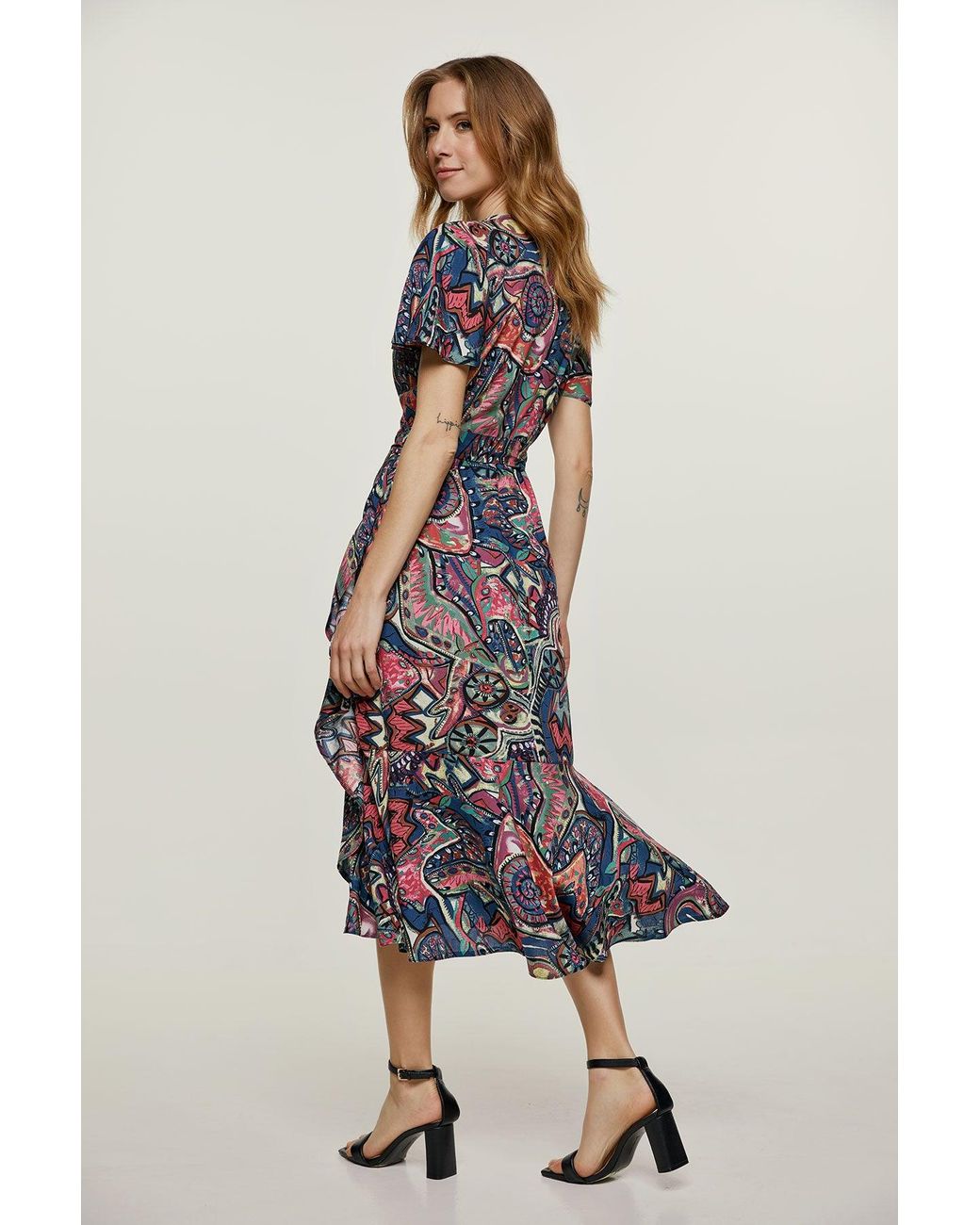 Conquista Blue Print Ruffle Detail Wrap Dress