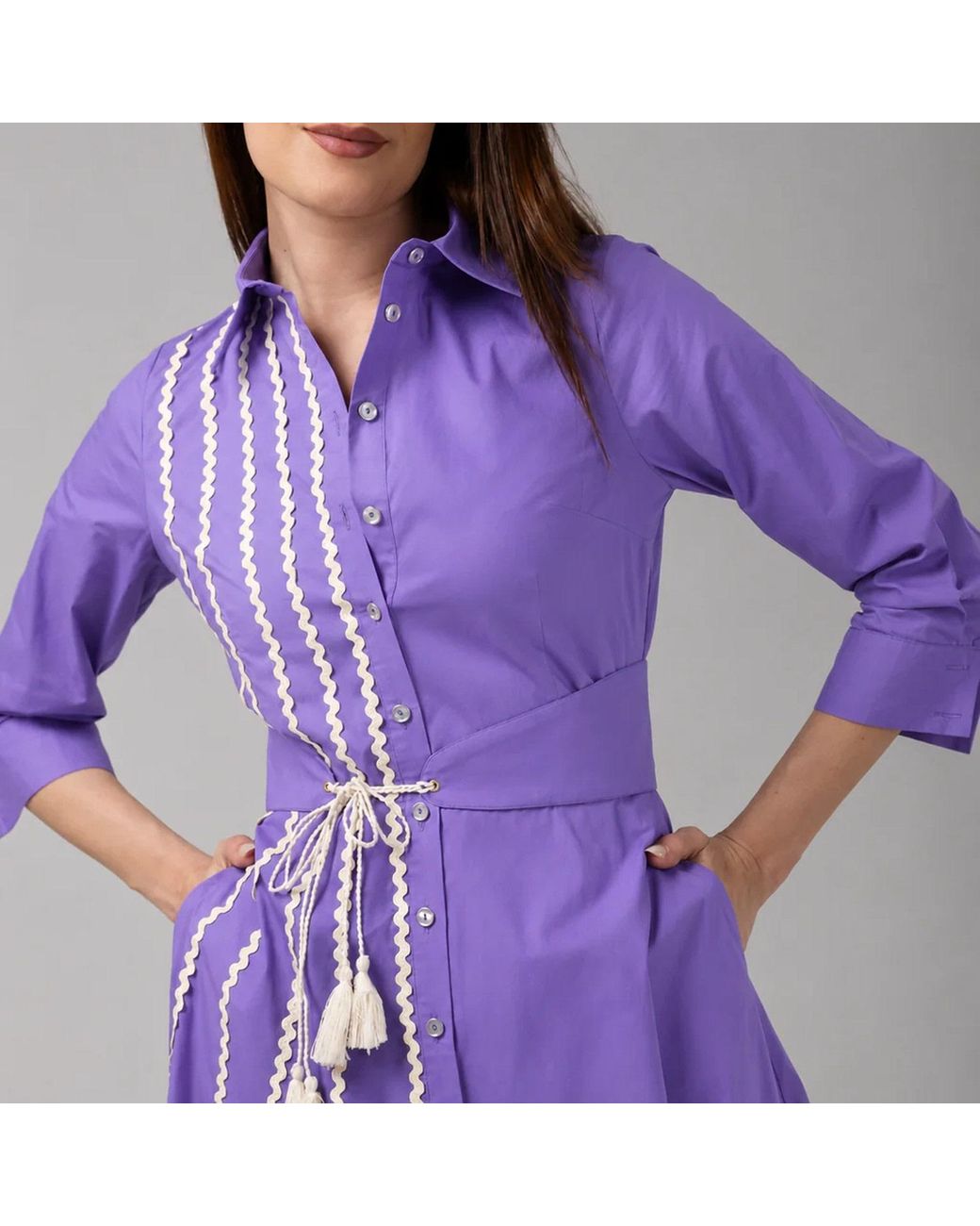 IZABELA MANDOIU Purple Premium Cotton Shirt Dress With Contrast Ric Rac Detailing & Tassel Waist Tie