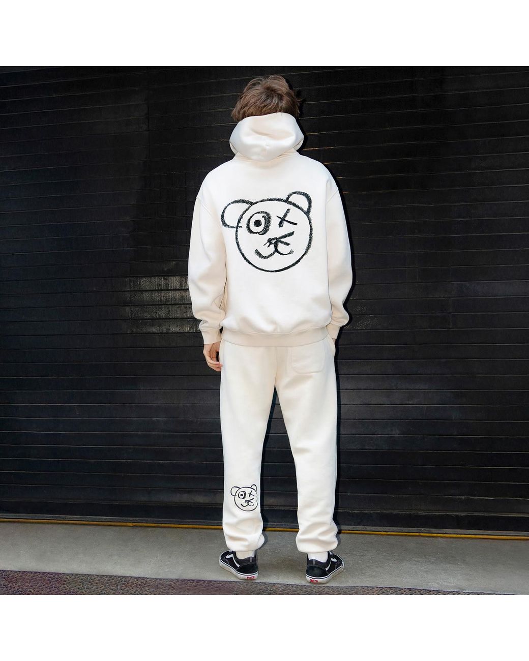 X Ilona Blue White Neutrals Graffiti Teddy Bear Cotton Cream Vintage Wash Joggers for men