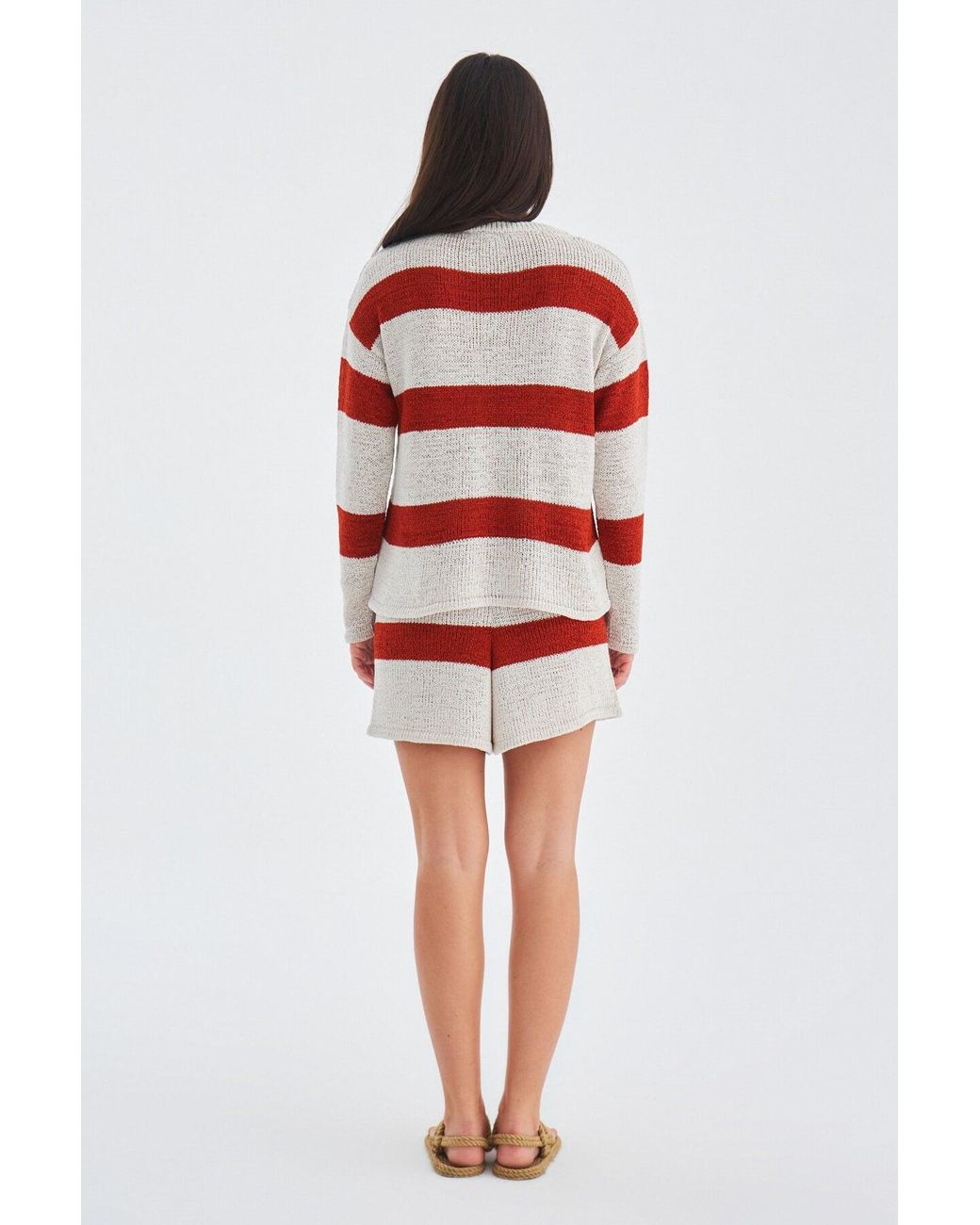 Peraluna Red Siena Knitted Striped Blouse & Shorts Matching Set