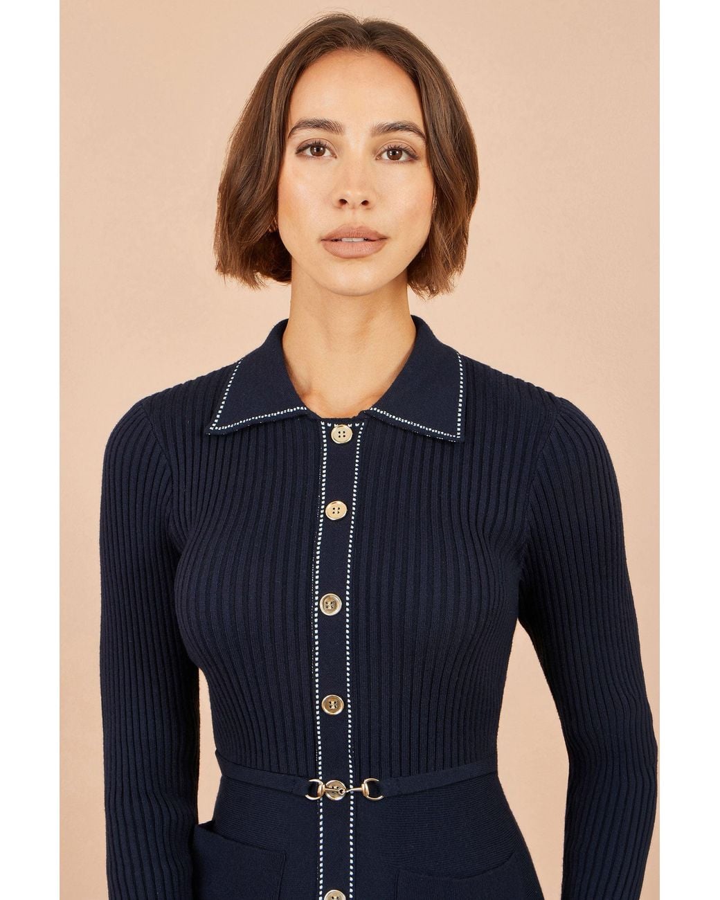 Yumi' Blue Rib Knit Skater Shirt Dress