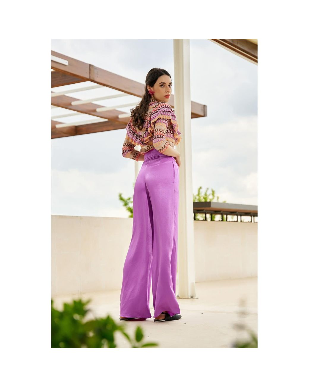 AVENUE No.29 Pink Sheer Stripe Lace Ruffle Blouse