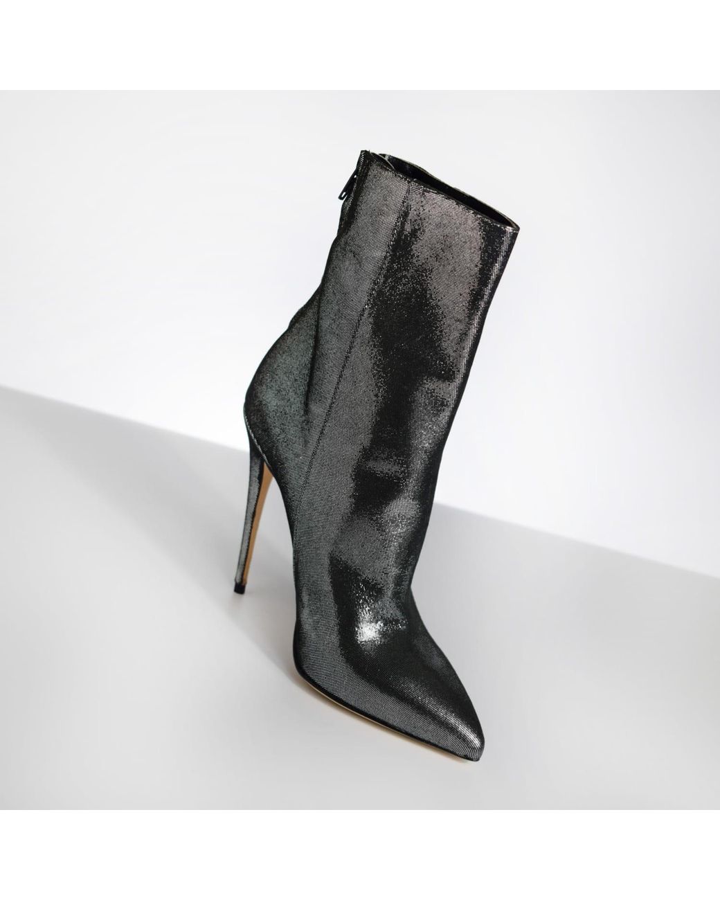 Aethra Shoes Black Ares Metallic Suede Pointed Toe Ankle Boots Stiletto Heel