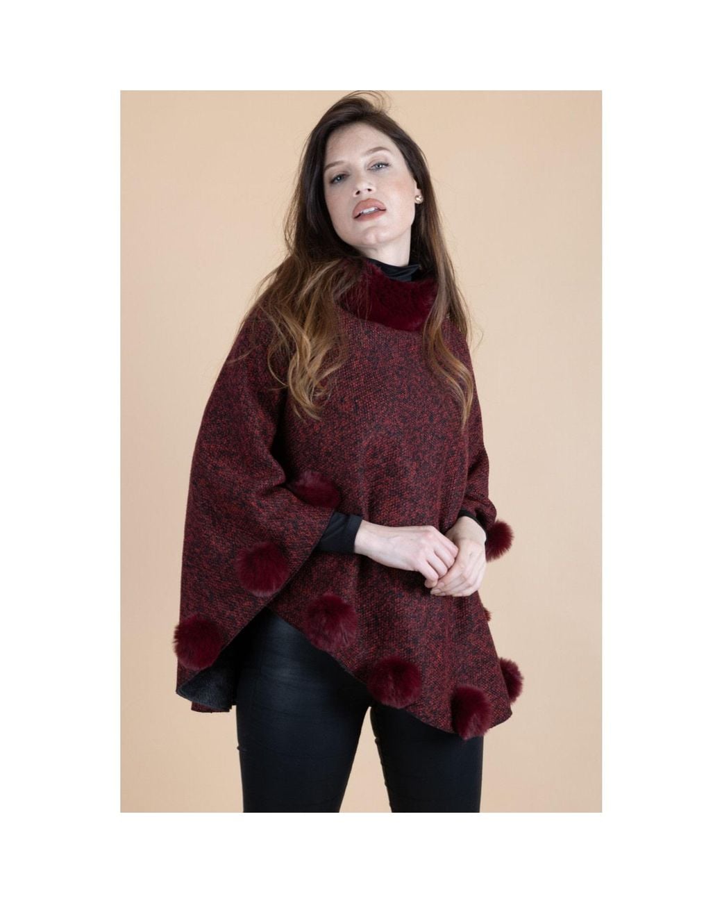 Saachi Red Faux Fur Poncho Pom Pom