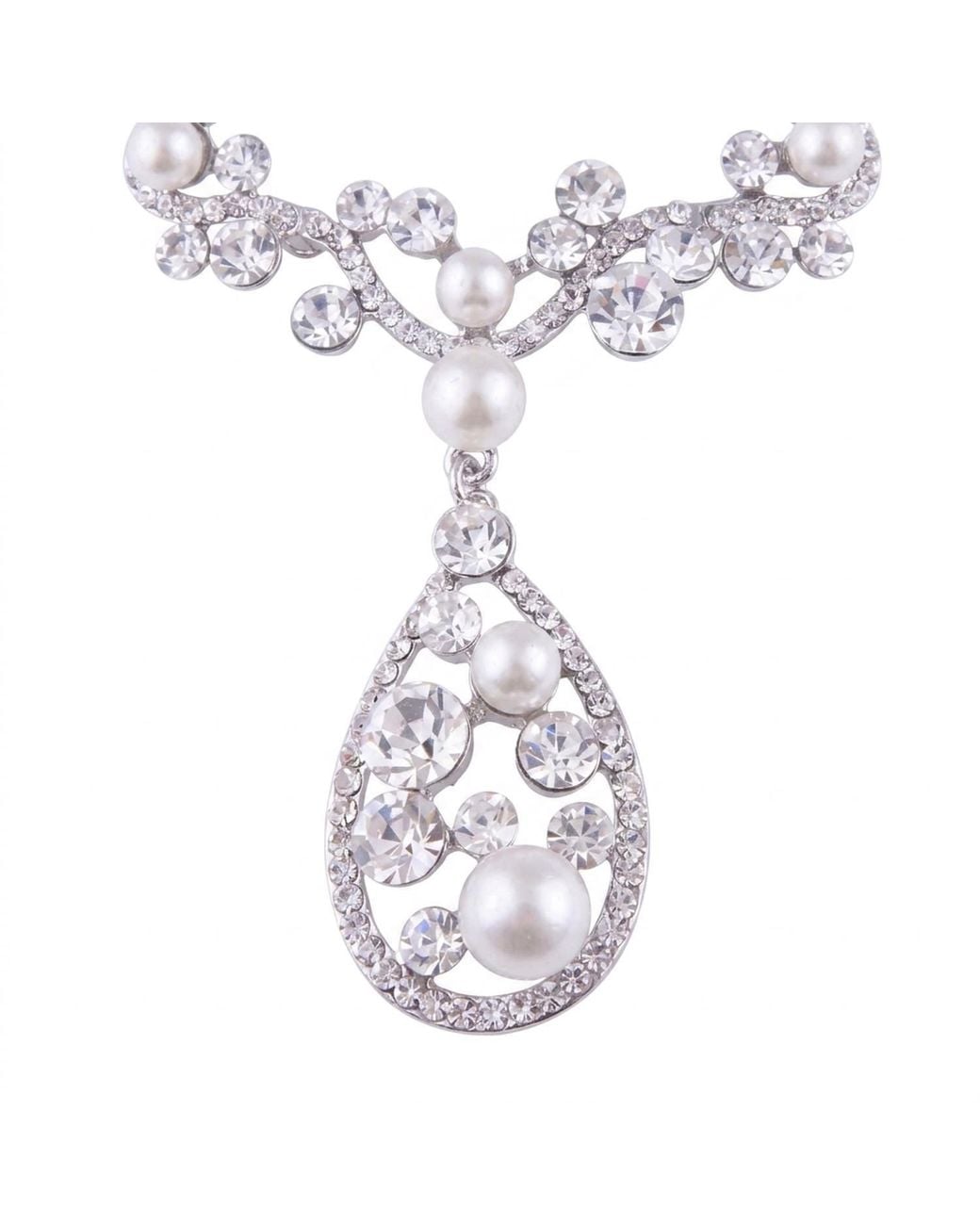 Modenaire Metallic Elegant Pearl And Crystal Teardrop Necklace Set