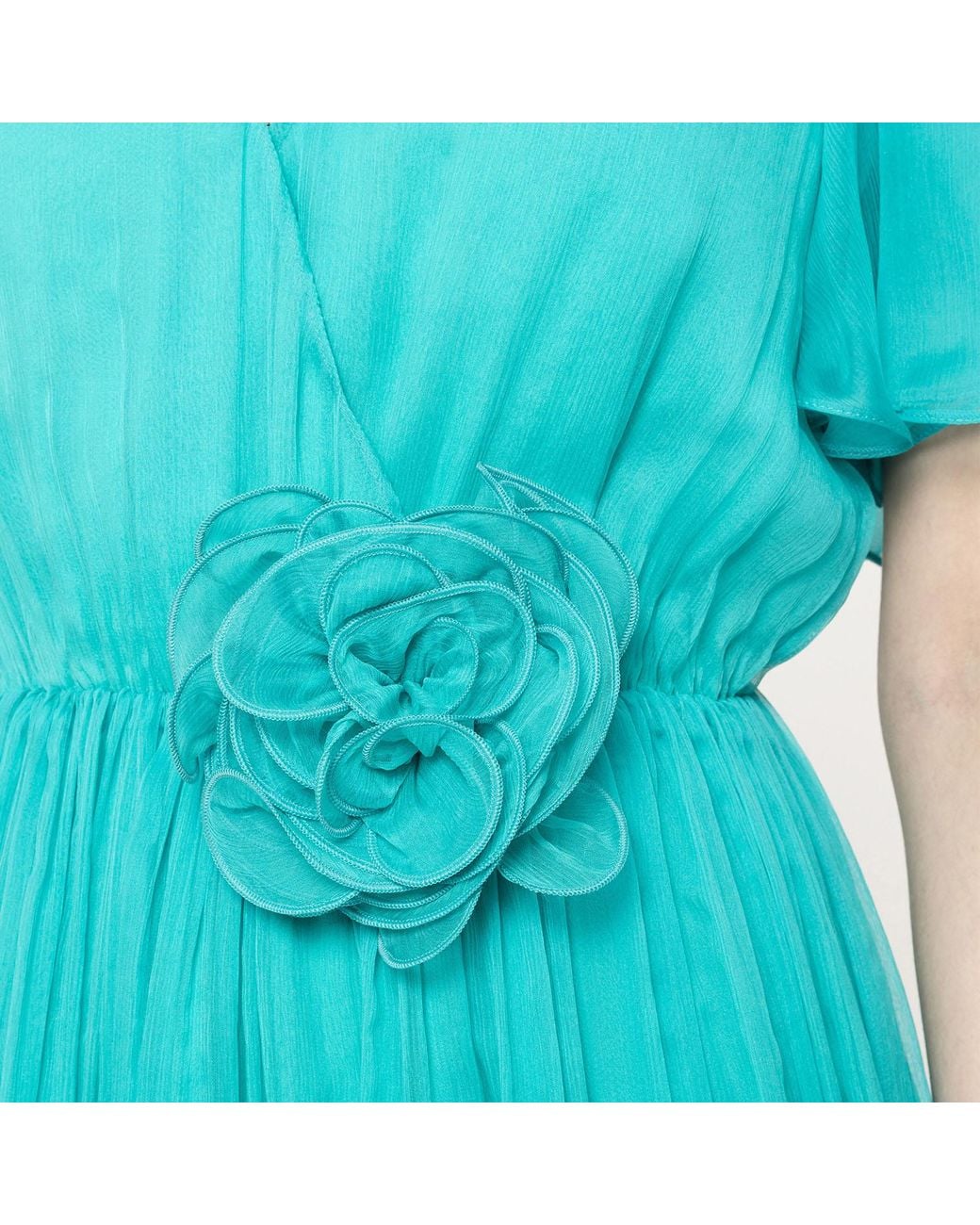 Nissa Blue Floral-Appliqué Silk Midi Dress Aqua