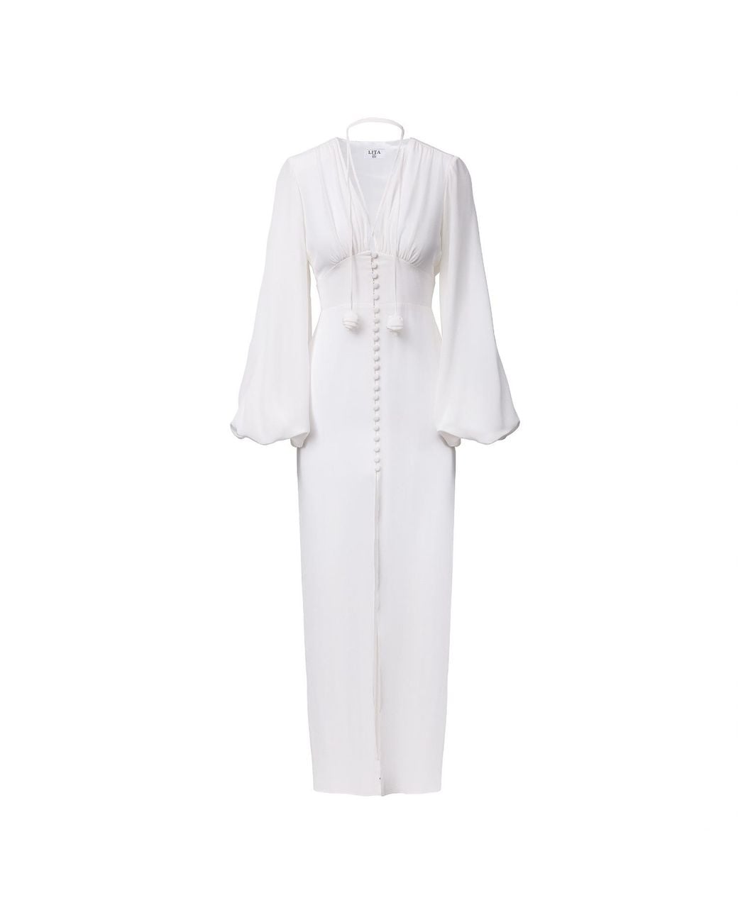 Lita Couture White Ample-Sleeve Maxi Silk Dress
