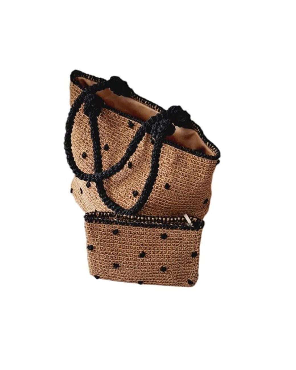 Springmoonatelier Brown Raffia Most Beautiful Polka Dot Beach Bag And Small Clutch Bag