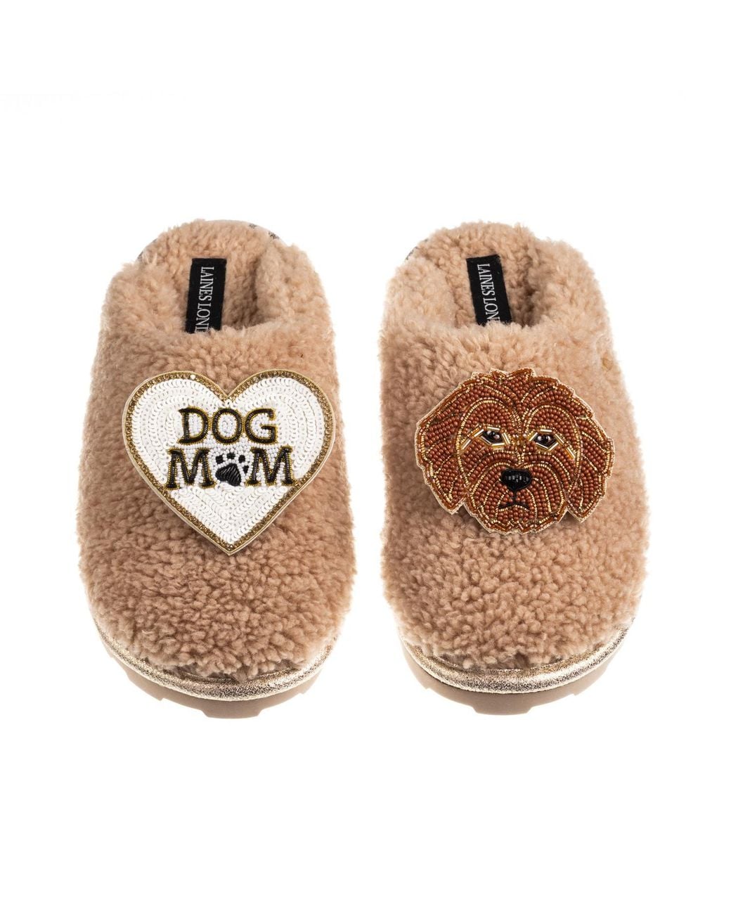 Laines London Metallic Neutrals Teddy Closed Toe Slippers With Dog Mum Mom & Apricot Cockapoo Brooches