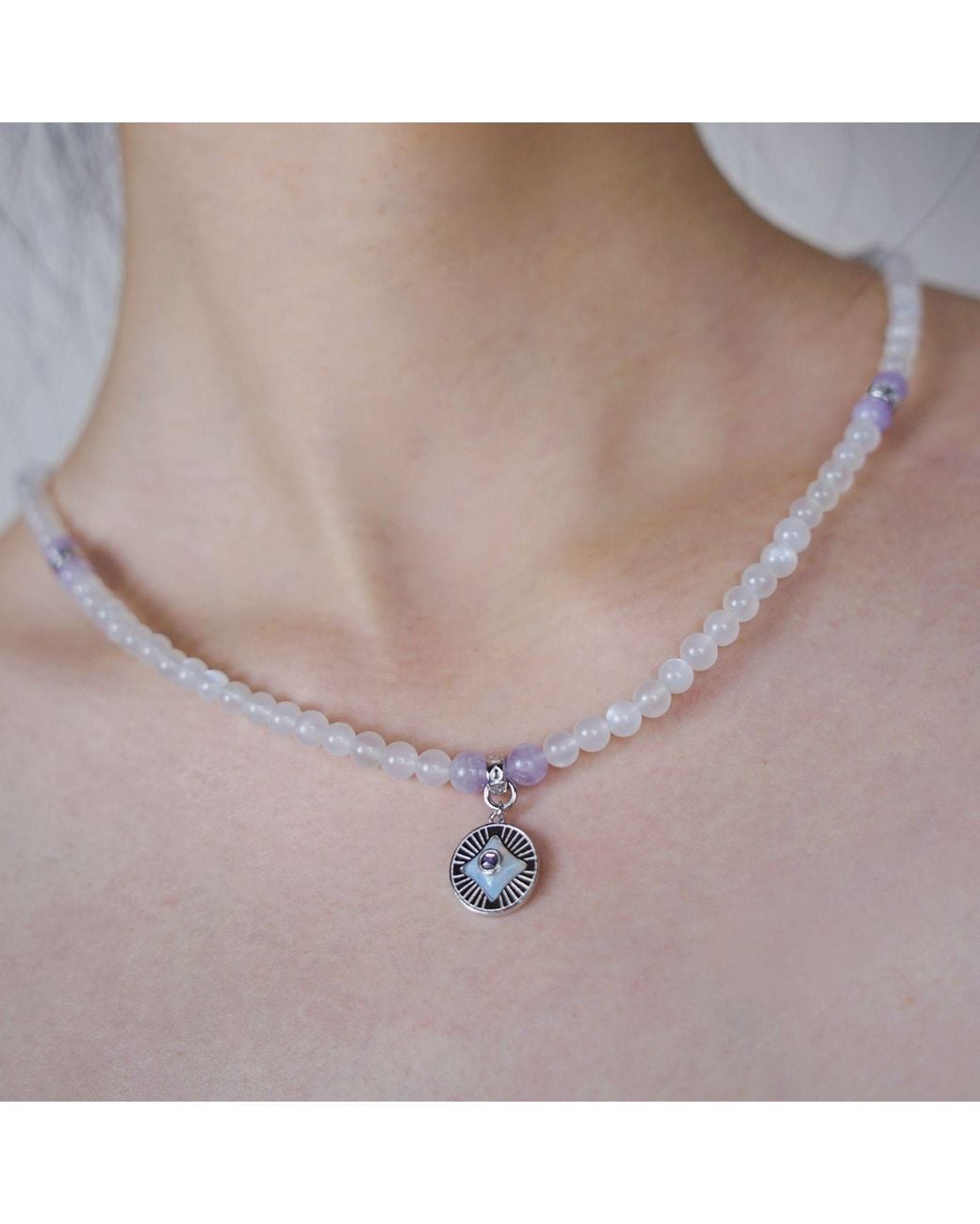 Aurozia White Five Elements Metal Vermeil Color Healing Moonstone Aura Pendant Three Layered Crystal Bracelet & Necklace