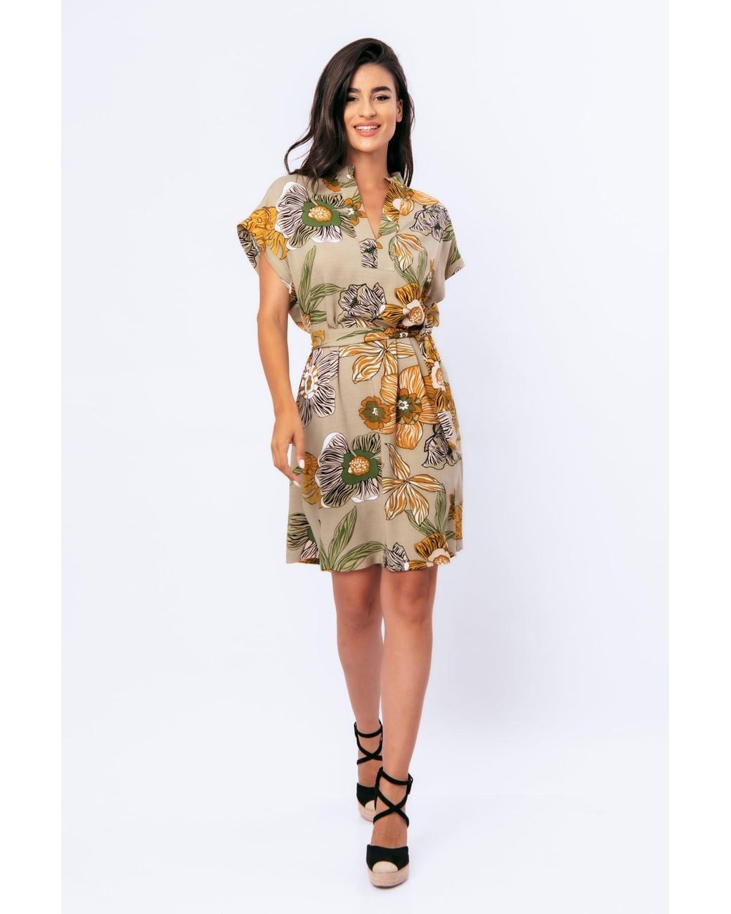 Conquista Metallic Linen Style Bold Floral Print Dress With Mandarin Collar