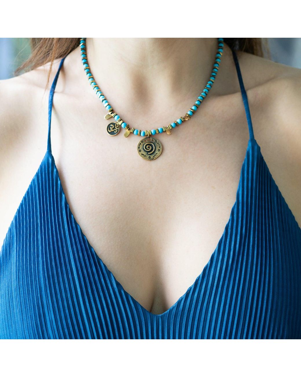 Ebru Jewelry Blue Om & Spiral Charm Beaded Choker Necklace