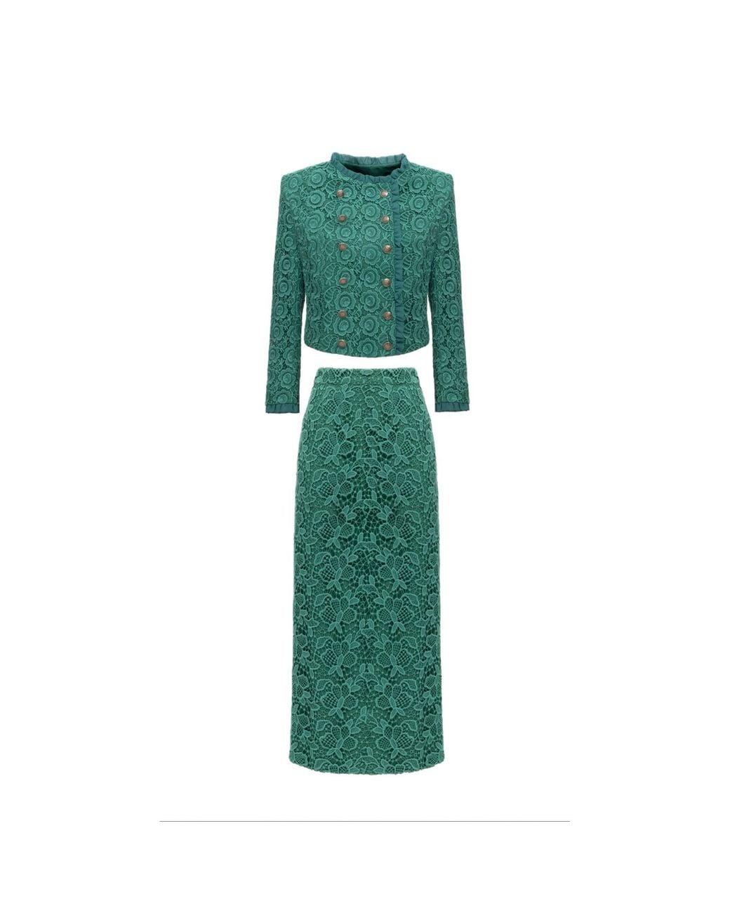 Georgette Green Emerald Lace Cropped Jacket & Midi Skirt Set