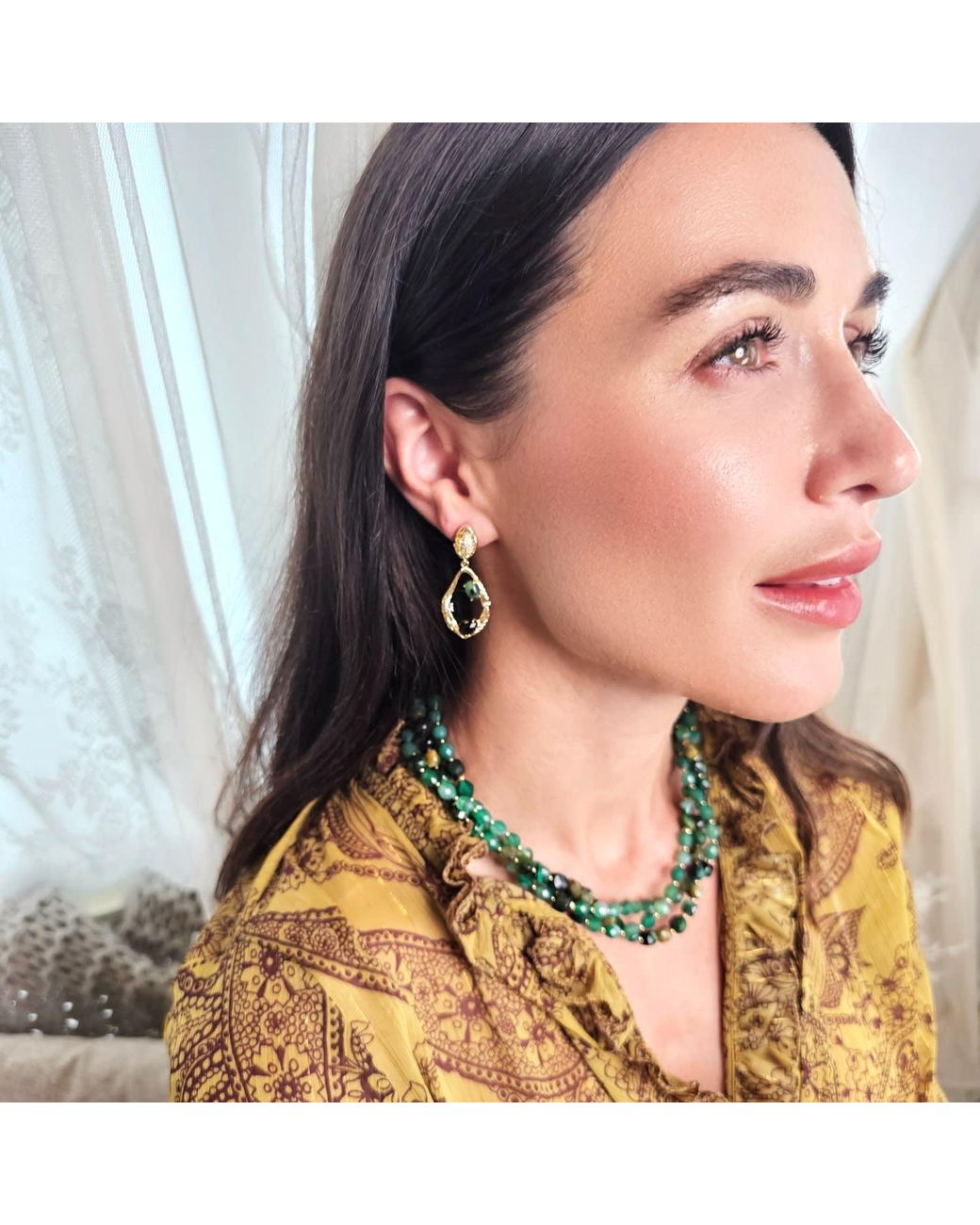 Farra Metallic Elegant Epidote And Agate Drop Earrings