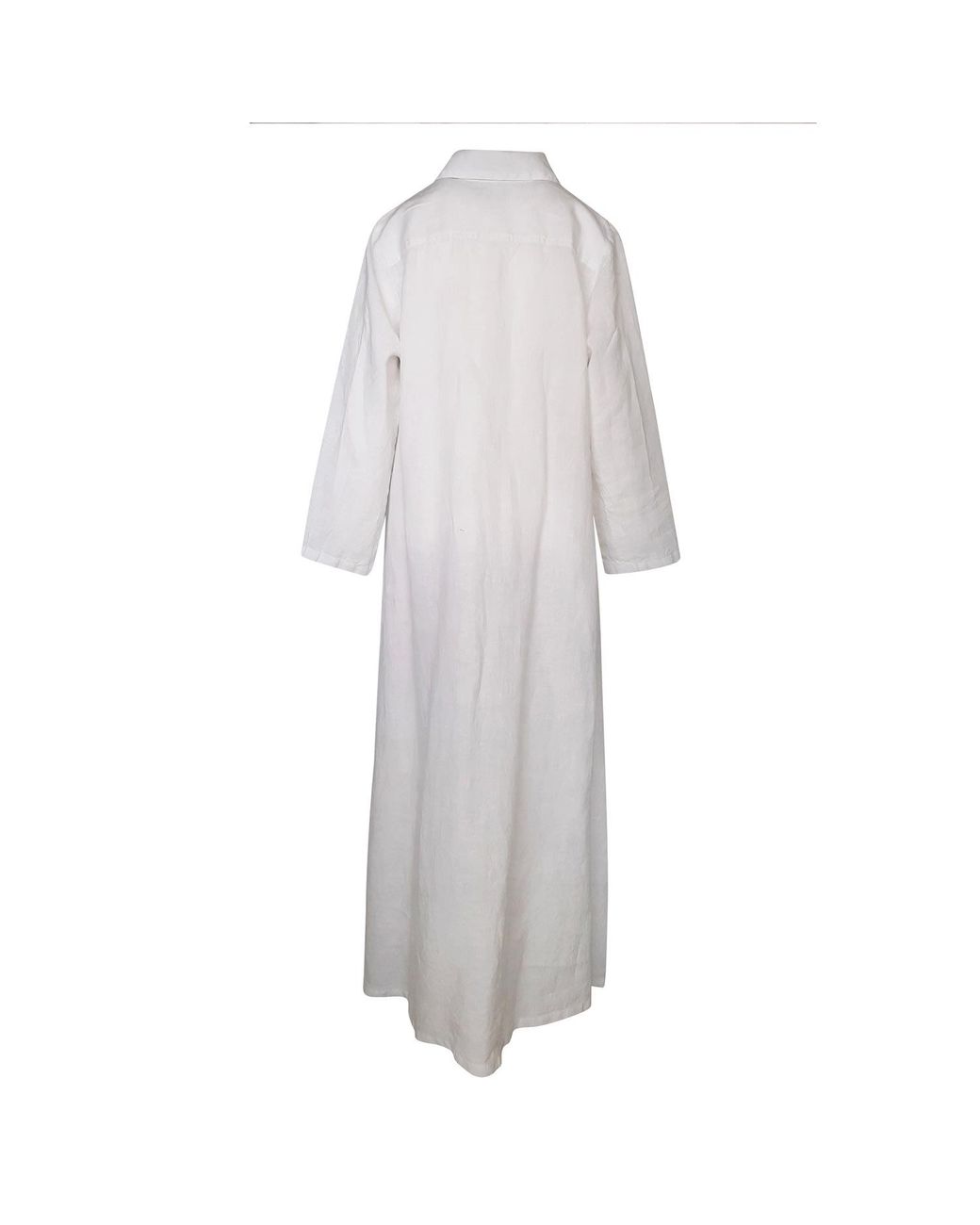 Haris Cotton White Maxi Curve Linen Dress With Front Pleat And Lapels
