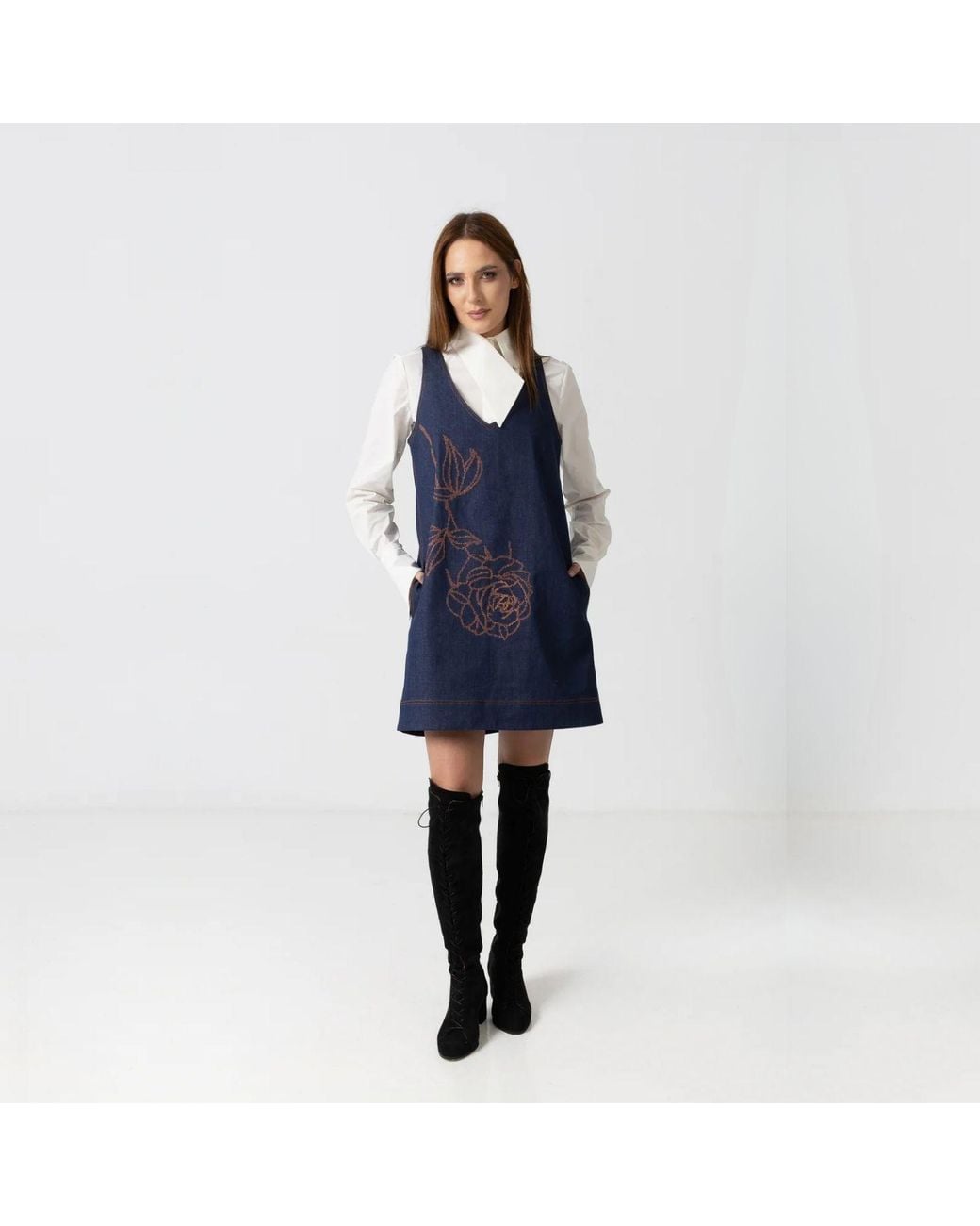 IZABELA MANDOIU Blue Dark Denim Mini Pinafore Dress With Copper Floral Embroidery
