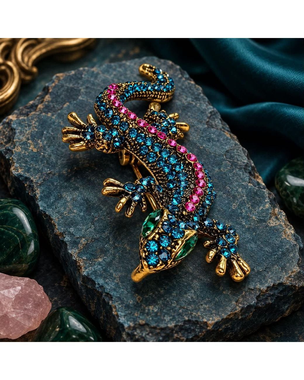 By Ozge Blue Gecko Renewal Emerald Eye Multicolour Crystal Tone Statement Brooch