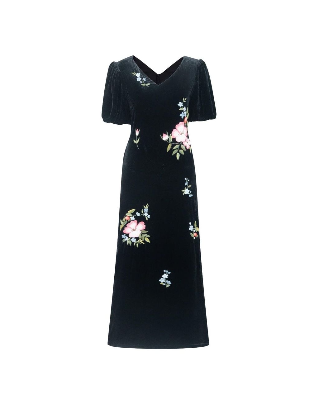 Silk and Bears Black Hand-Embroidered Floral Silk Velvet Puff-Sleeve Maxi Dress