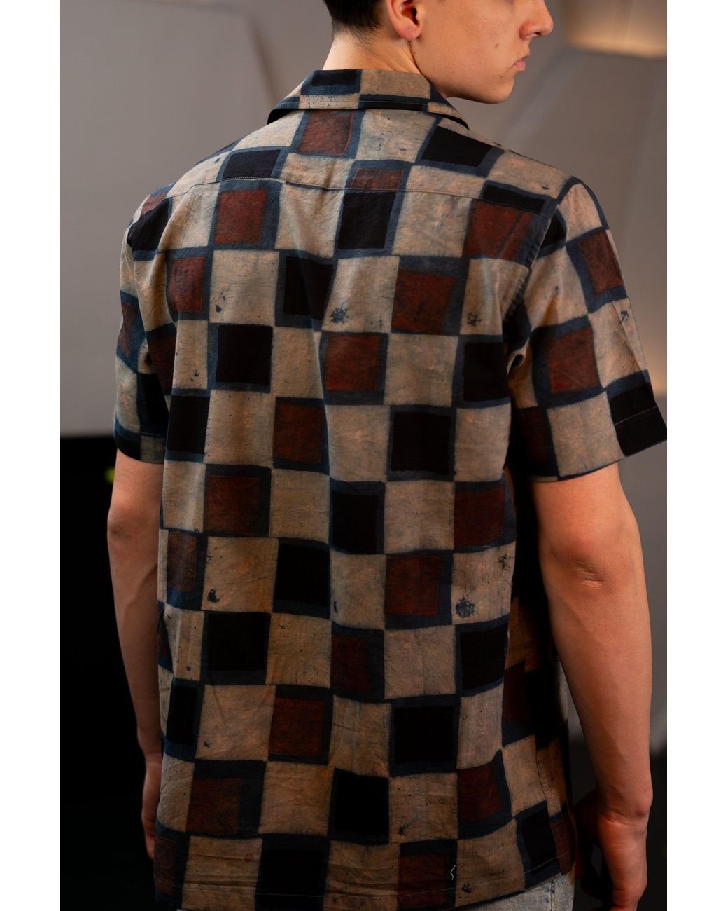 Stovaria Black Camp Collar Half Sleeve Organic Cotton Shirt With Natural Dye Handblock Squares for men
