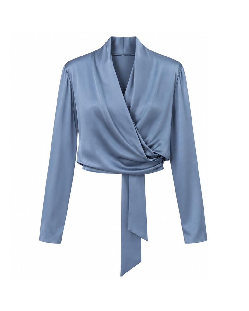 Belsize25 Blue Dusty Satin Draped Wrap Blouse