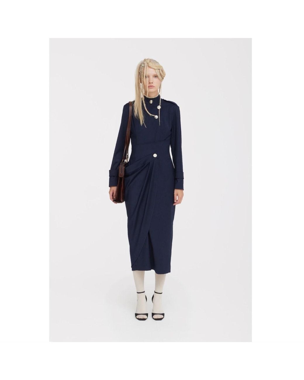 Julia Allert Blue Asymmetric Draped Sheath Midi Dress –