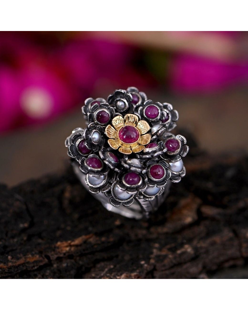 Emma Chapman Jewels Metallic Ruby Pearl Petal Ring