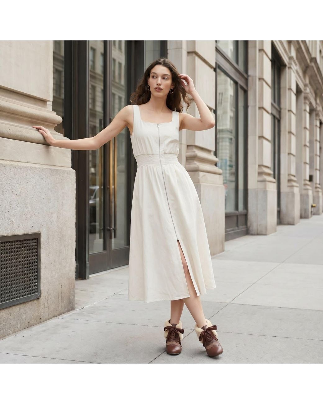 Modenaire White Neutrals Smocked Midi Dress Refined Slit