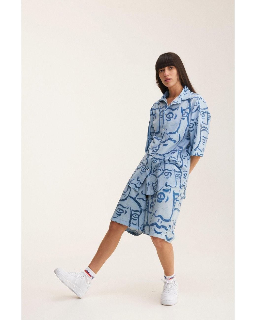 mysimplicated Blue Short Sleeve Shirt And Bermuda Set With Faces Design