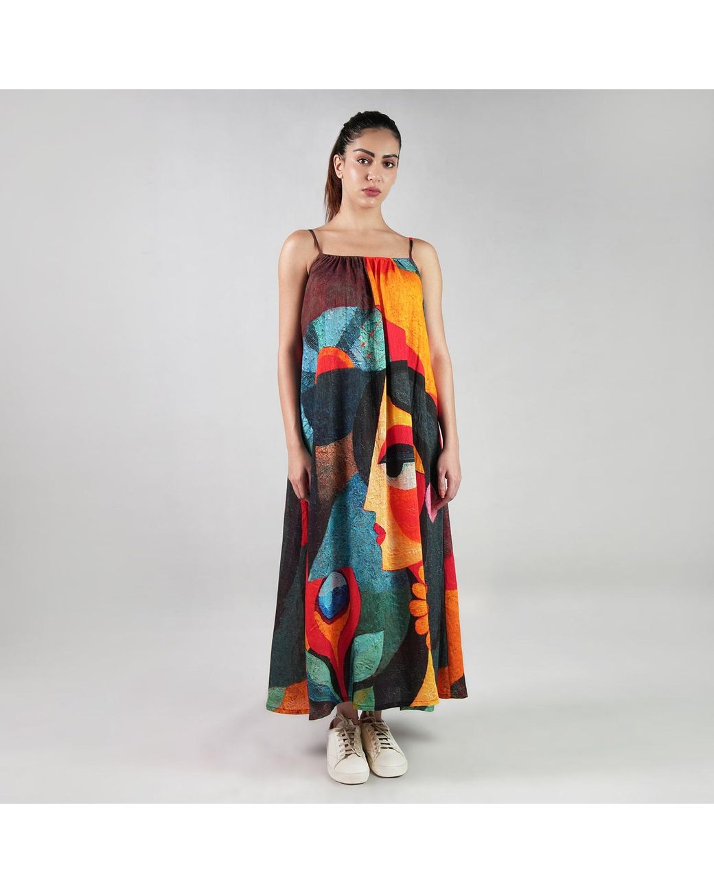 DHARA SHETH DUBAI Red Muse Abstract Art Spaghetti Strap Maxi Dress