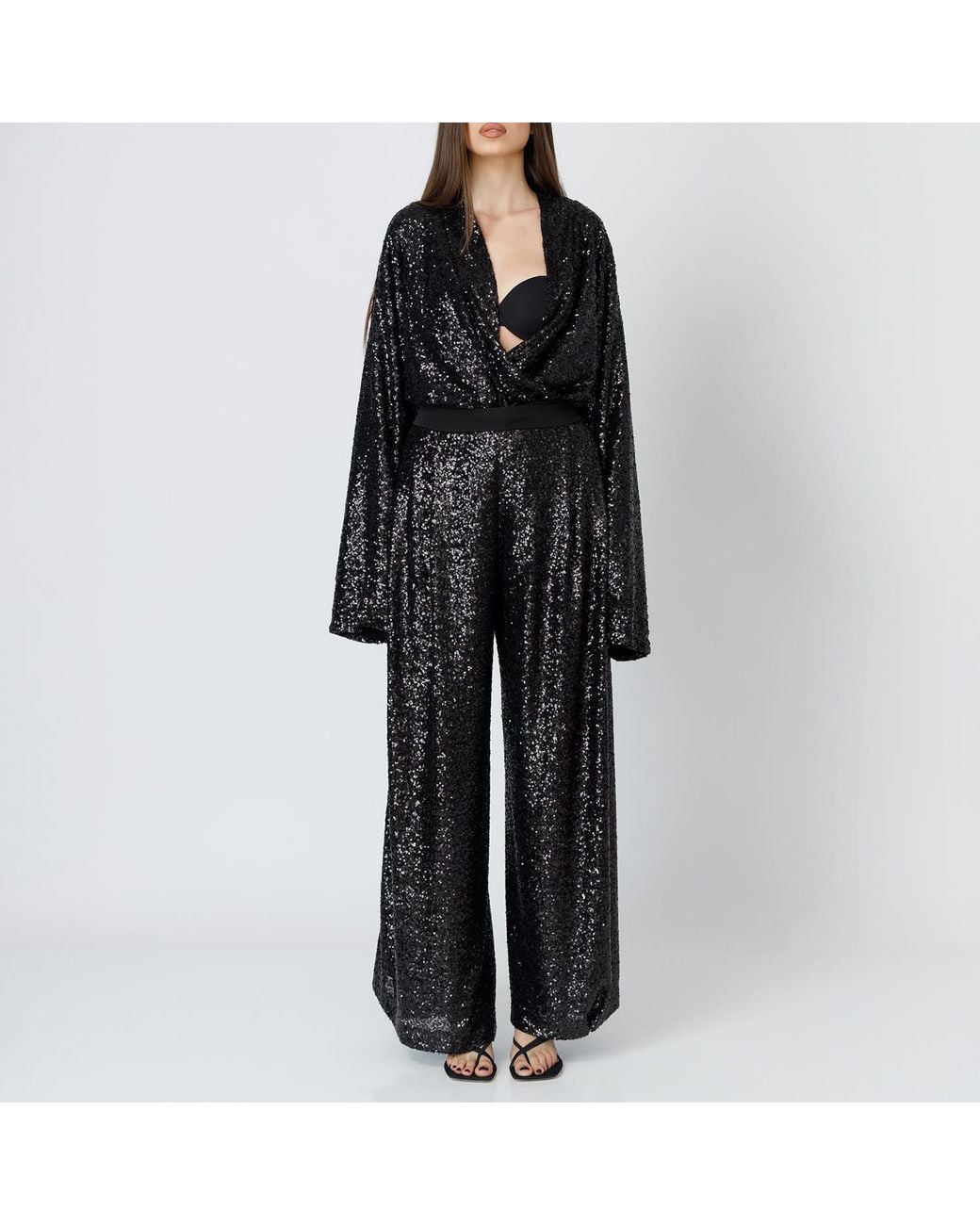 LIA ARAM Black Wrap-Around Sequin Cropped Trousers