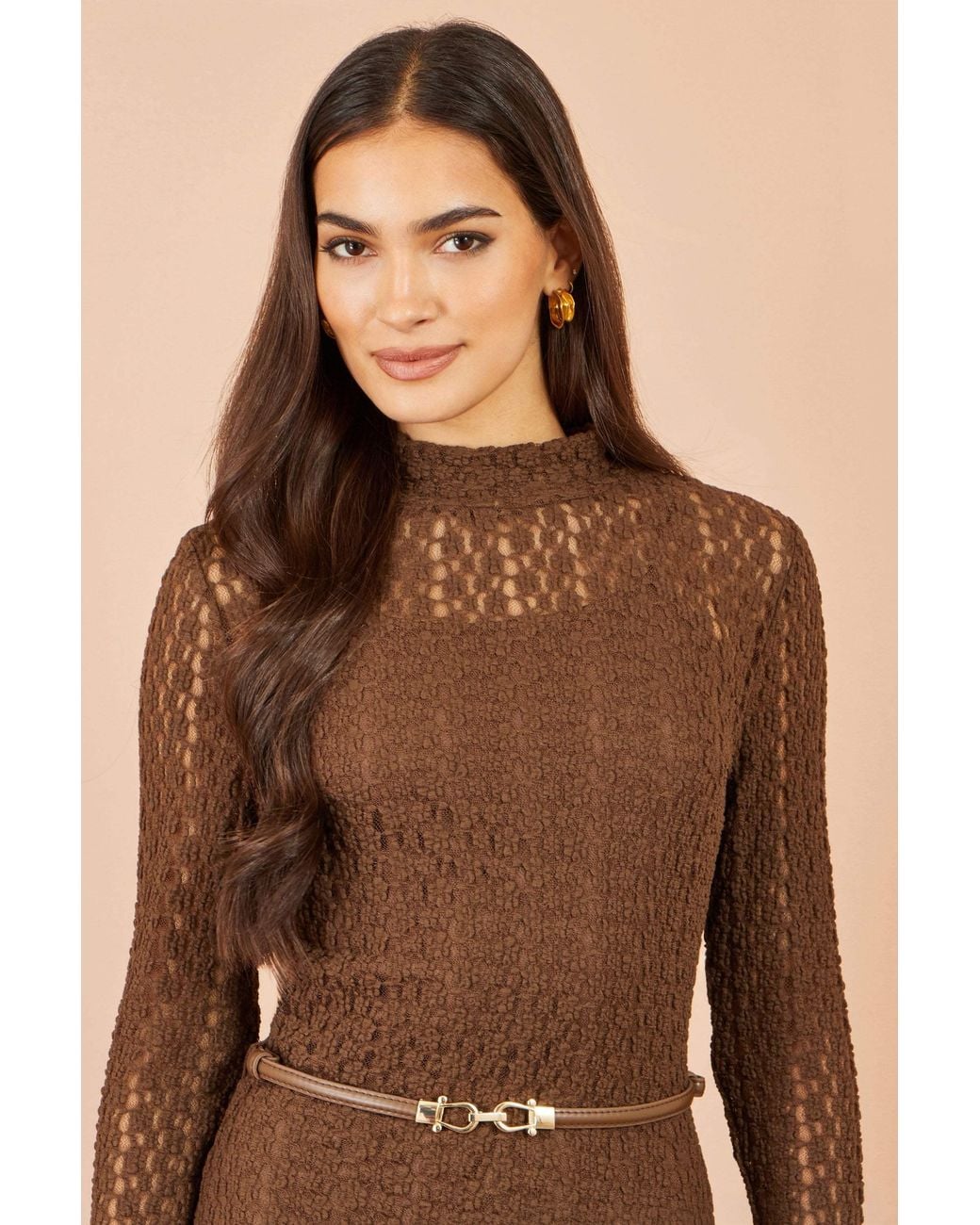 Yumi' Brown High Neck Lace Midi Dress