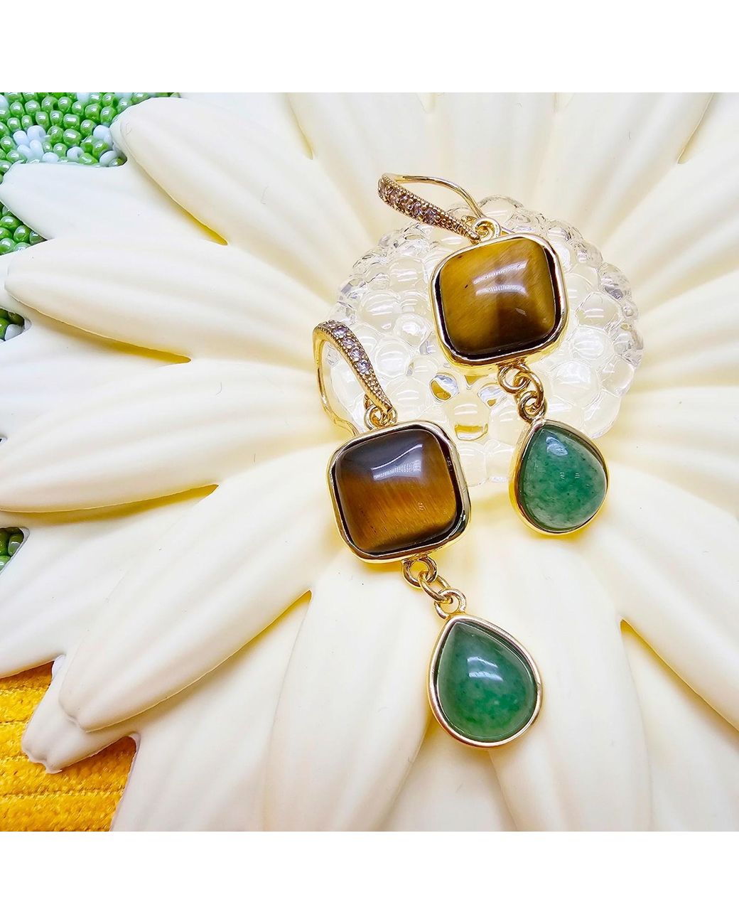 Farra Green Tiger-Eye Stone And Teardrop Aventurine Dangle Earrings